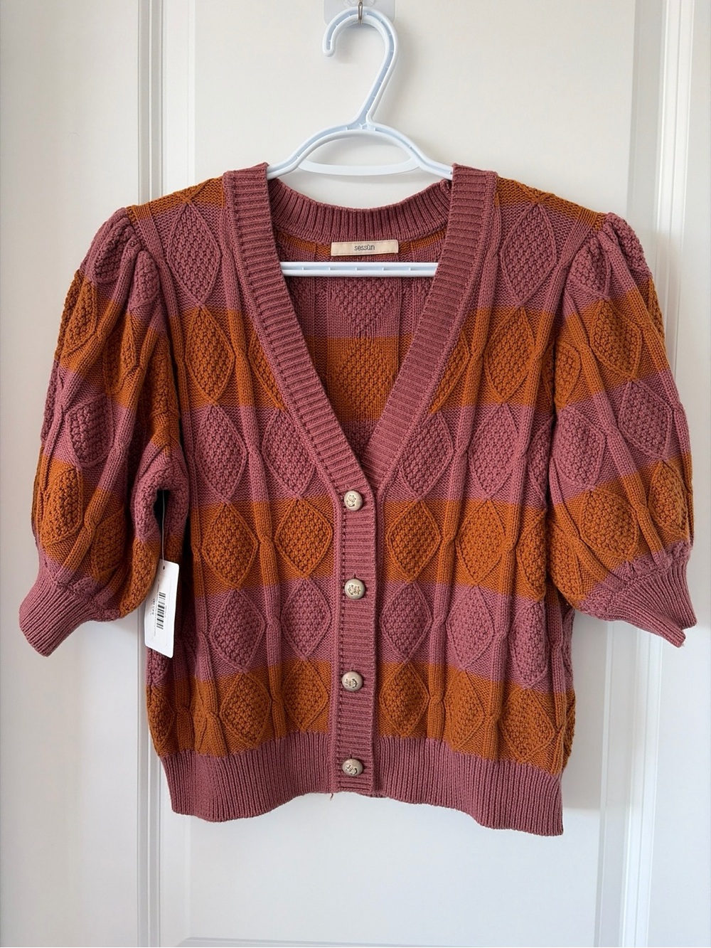 NWT Sessùn Elva Pink & Orange Striped Balloon Sleeve Cardigan Sweater M｜30%Wool